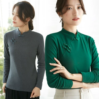 半高领打底衫女秋冬季新款内搭国风旗袍样式长袖修身上衣T恤 批发