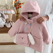 女童外套25冬新款儿童加厚连帽毛毛中长款外套女宝保暖羊羔绒大衣