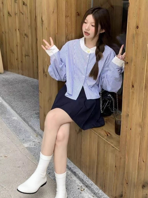 条纹长袖衬衫女春秋季防晒休闲宽松短款外套慵懒风高质量跨境批发|undefined