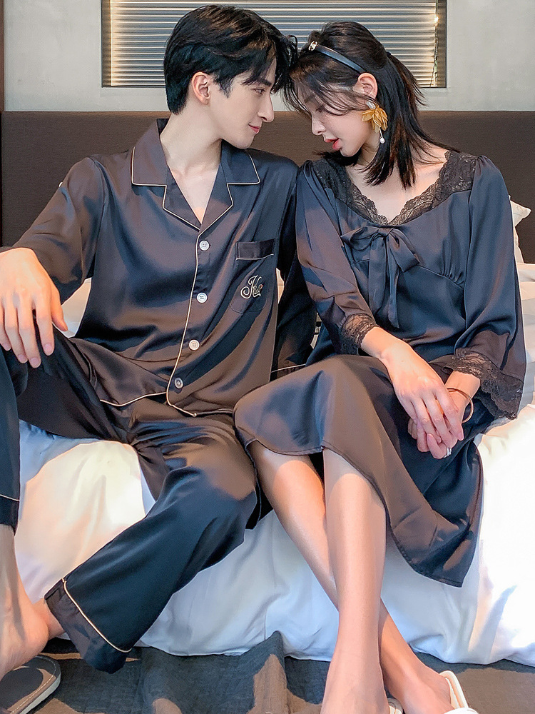 情侣睡衣春秋季女冰丝蕾丝花边睡裙男士长袖薄款高级感套装家居服