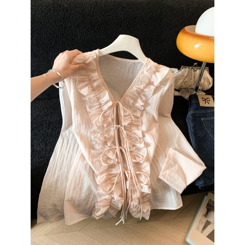 Sweet and Girly Pink Shirt with Ruffled Lace and Tie, Loose Straight-Cut Long-Sleeve V-Neck Blouse for Women in Spring