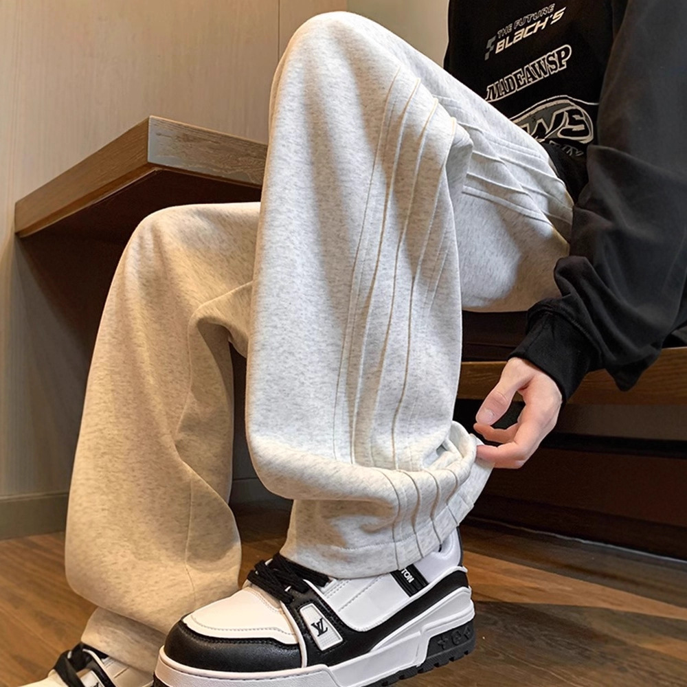 Heavyweight Loose Sports Sweatpants for Men, Spring American Retro Gray Wide-Leg Pants, Youth Drape Casual Pants Trendy