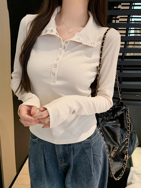 秋季穿搭高级感polo领长袖T恤女设计感修身显瘦辣妹小众针织上衣|undefined
