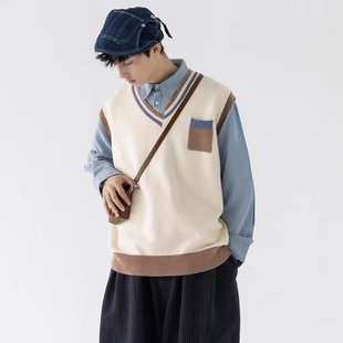 New Niche Contrast Color Knitted Vest Men's Ins Trendy Spring and Autumn BF Japanese Vintage V-neck Sleeveless Vest