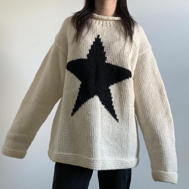 Estación independiente de Amazon Otoño e invierno europeo y americano suéter de color de contraste de estrella de cinco puntas femenino y2g cuello redondo suelto de punto superior femenino 806