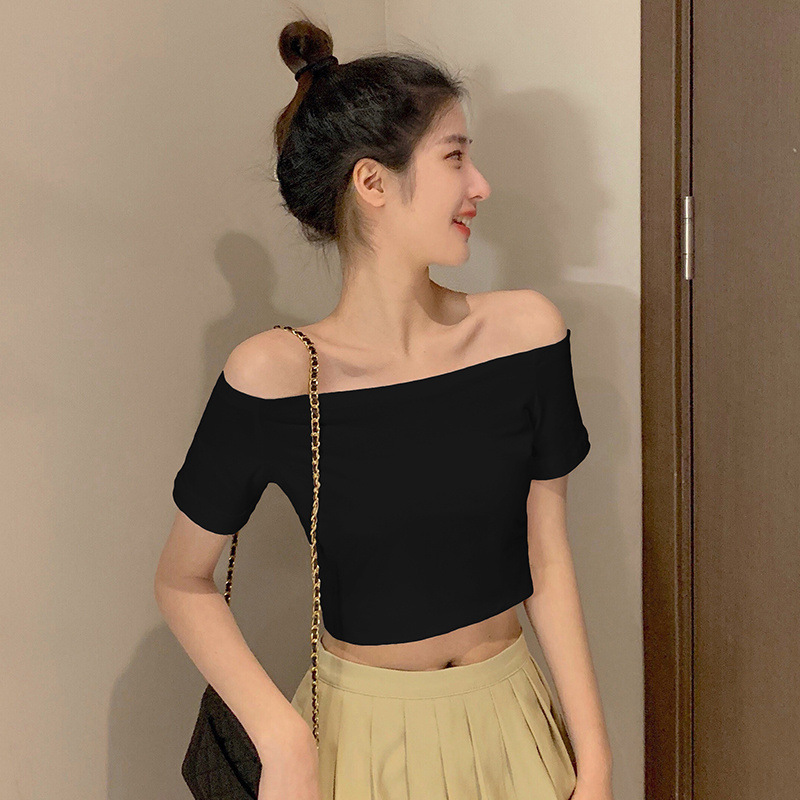 Black One-Shoulder Short-Sleeved T-Shirt for Women, Summer 2026 New Design, Sexy Slim Fit Short Top Black One-Shoulder Short-Sleeved T-Shirt for Women, Summer 2026 New Design, Sexy Slim Fit Short Top