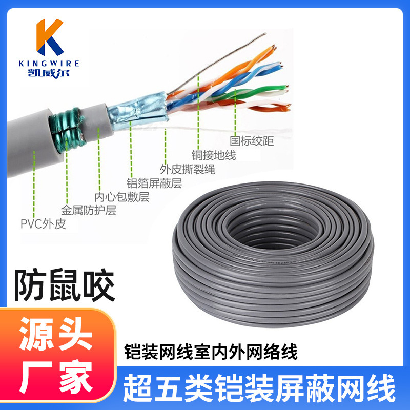 Factory Wholesale Anti-Rat Bite Category 5E Armored Network Cable Outdoor Waterproof and Perforation-Free Category 6E Shielded Flame Retardant Network Cable