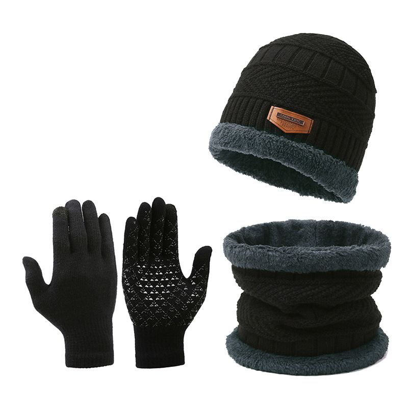 Thickened Cross-Border Knitted Touchscreen Woolen Gloves Non-Slip Winter Scarf Hat Fleece-Lined Three-Piece Set Warm_voghion.com