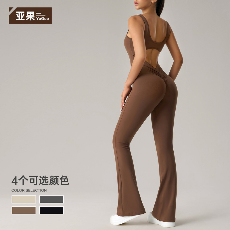 欧美瑜伽连体服女带胸垫健身服运动背心紧身衣一体式微喇裤DLT005|undefined