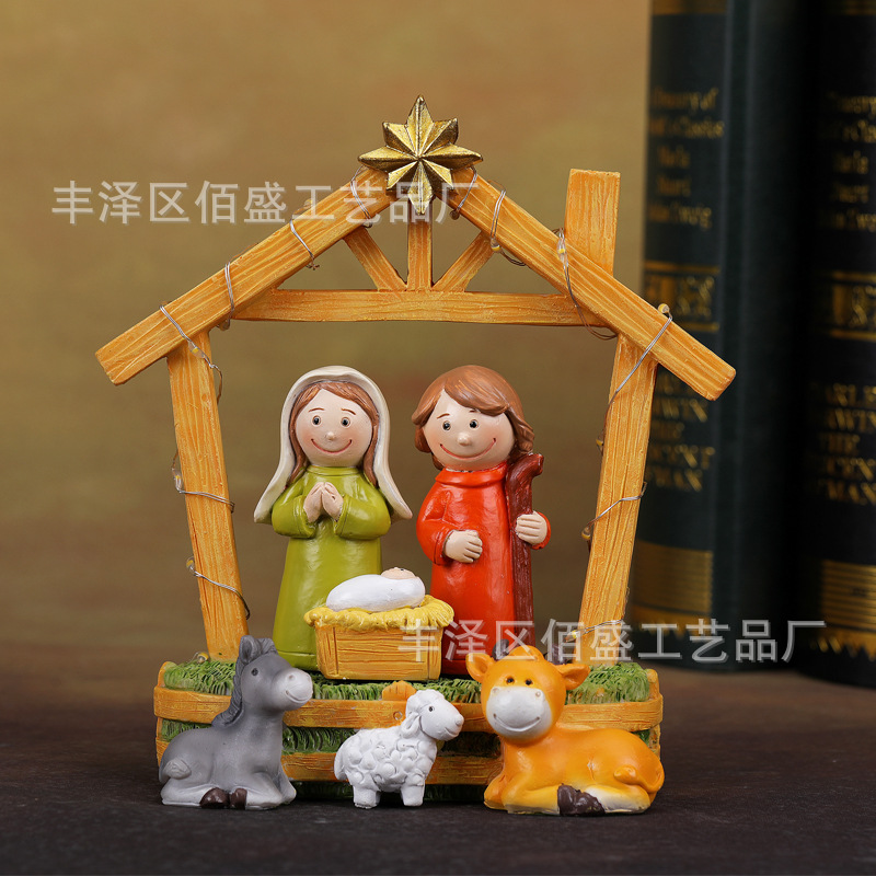 Nacimiento de dibujos animados transfronterizos decoraciones de pesebre creativos regalos de Navidad atmósfera lámpara decoración de resina artesanía