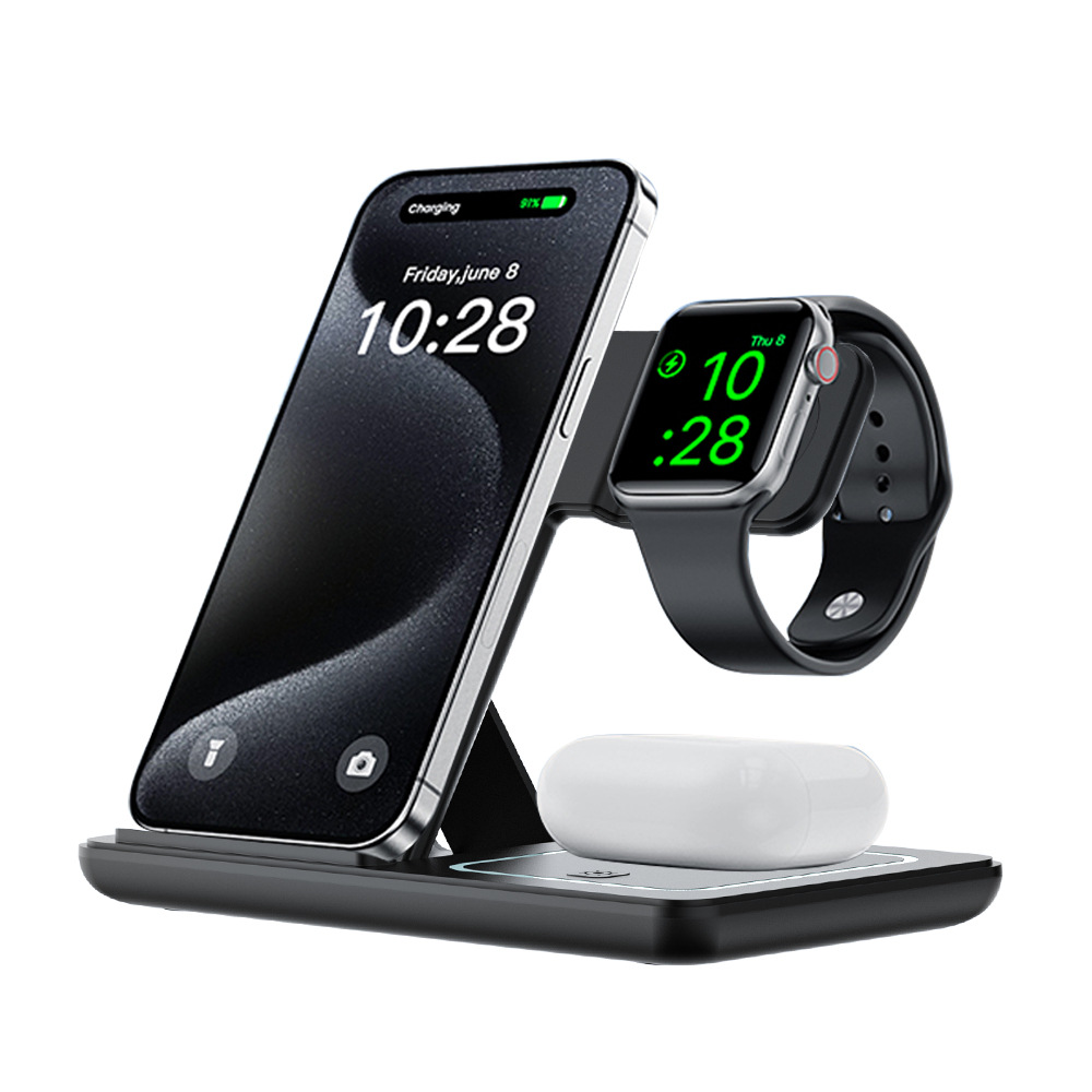 Apple, folding wireless compatible charger, with synchronisation with phone, watch, headphones charging, three-in-one, 15W