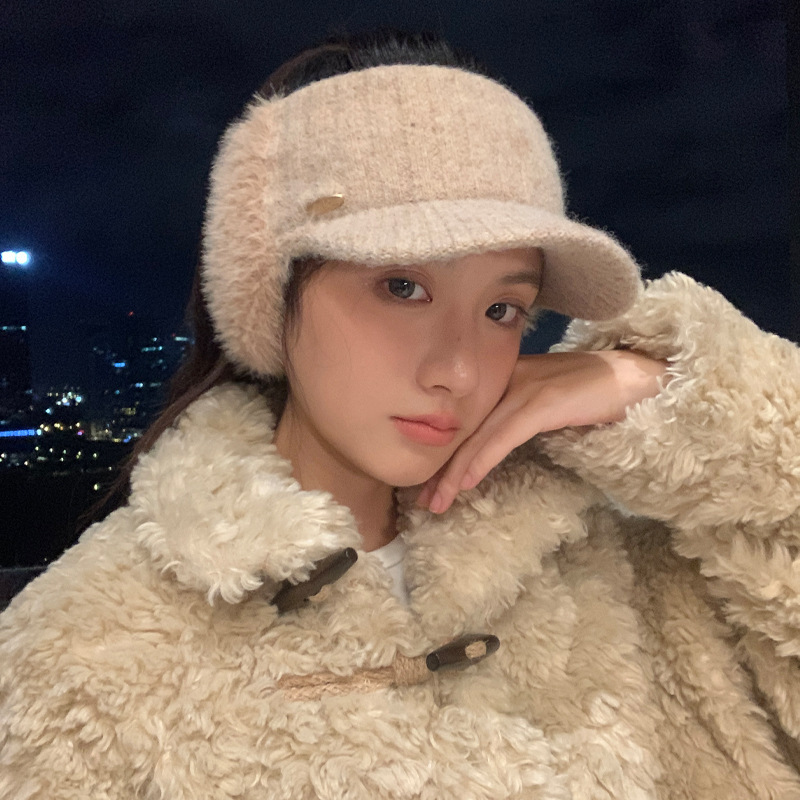 冬天新款帽子女毛绒遮阳帽户外加厚防寒护耳空顶帽时尚百搭毛线帽|undefined