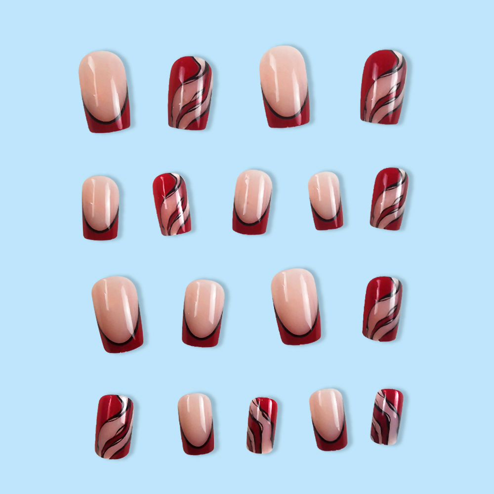 Pegatinas de uñas de moda más vendidas en Europa y América, pegatinas de uñas falsas de estilo francés rojo, pegatinas de uñas con rayas onduladas image 4