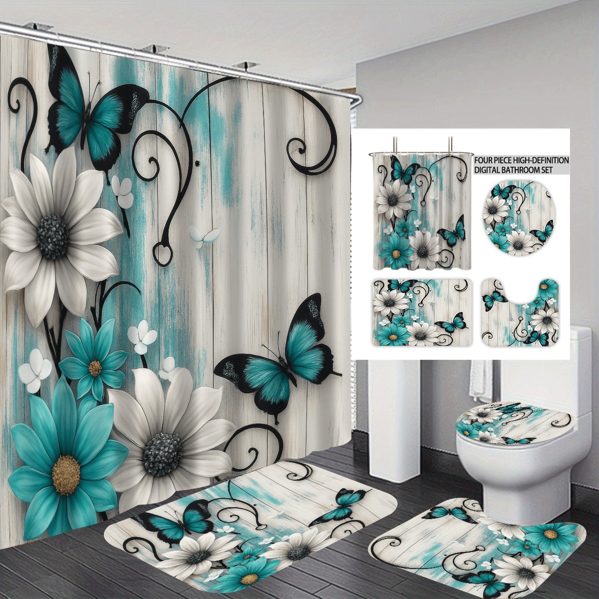 Agente de poliéster Mei Ke más cortina de baño impermeable serie de agua floral 3D impresión digital cortina de baño cuatro piezas alfombra absorbente