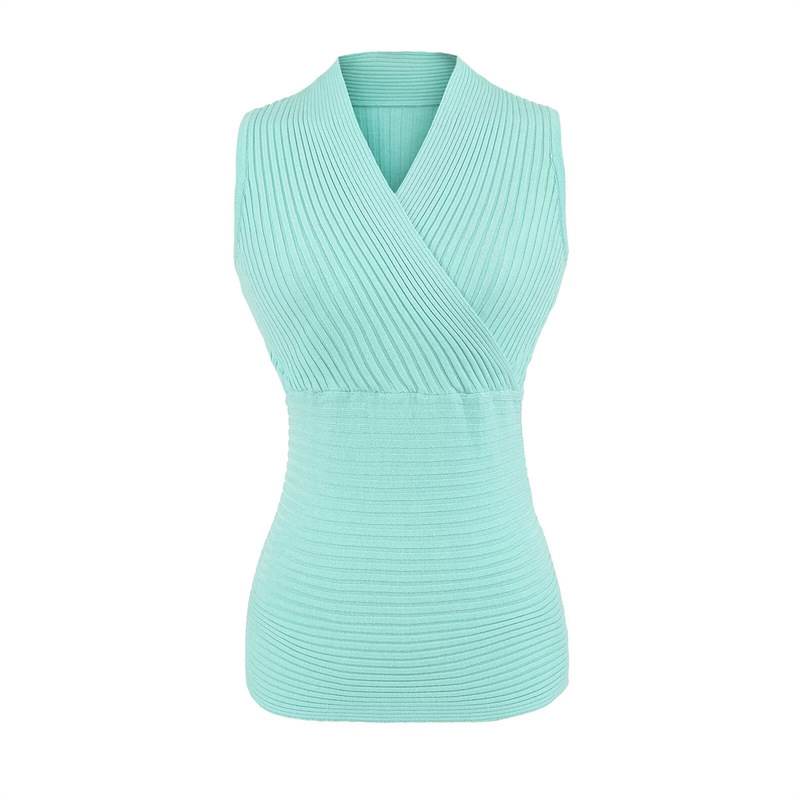 Sexy Mature Royal Sister Deep V-Neck Sleeveless Knitted Top Mint Green Cross-Waist Slimming Look Vest
