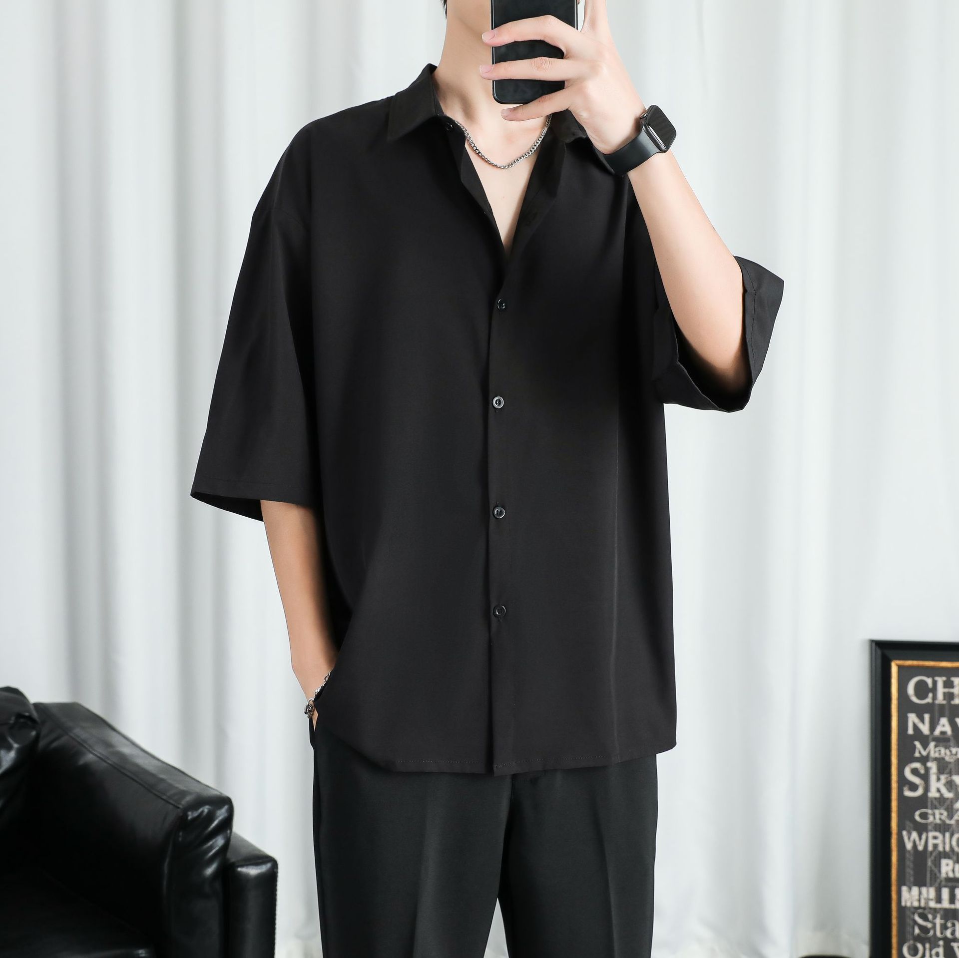 LKTMメンズ # 春夏薄手アイス长袖シャツメンズインスタ高级感ヤクザ格好良いゆったりプルオーバーシャツ