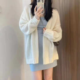 韩版秋冬新款软糯宽松薄款针织衫披肩女纯色慵懒外套针织开衫上衣