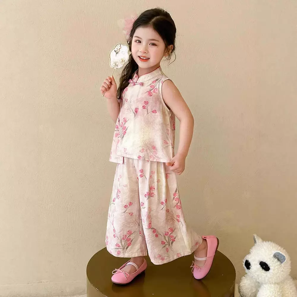 汉服女童中式套装夏季2025新款儿童背心阔腿裤两件套宝宝古风衣服