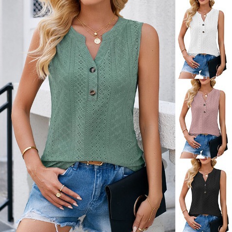 2024 European and American summer new foreign trade women's clothing Amazon solid color notched V-neck slim Vest Women's top