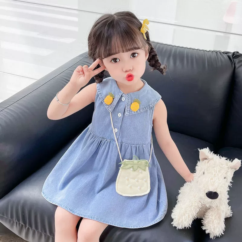 Летнее платье для девочек 2025 года, новый стиль, корейский стиль, детское тонкое джинсовое платье-жилет, летнее платье для малышей