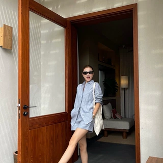 LP同款亚麻套装2025新款经典老钱风高质感蓝色衬衫短裤长裤两件套