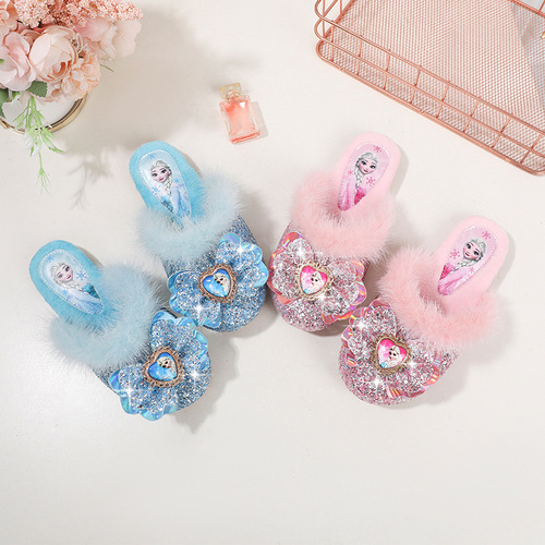 Children's winter plush mop, fashionable new girl's Elsa Princess fashionable home flat heel Baotou warm cotton mop