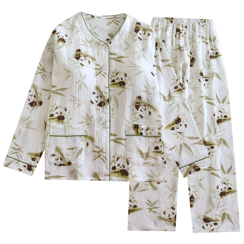 가슴 패드가 달린 잠옷 여성의 V-NECK 면 더블 레이어 면 원사 긴 소매 바지 얇은 2 피스 홈 옷 봄과 여름