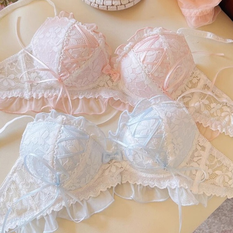 Japanese-Style Lace Lingerie Set for Women, Thin Design for Small Busts, with Bow Tie, Anti-Sagging, Wireless, Sexy Bra