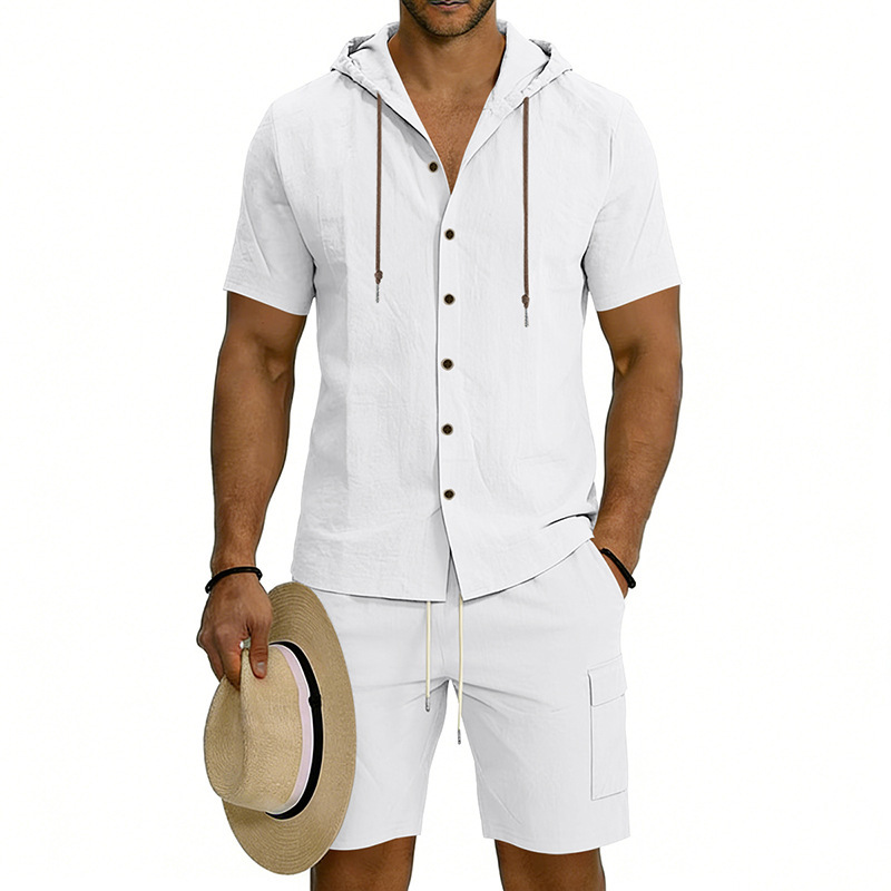 Men's Linen Hooded Short Sleeve Shirt With Workwear Shorts Set, Relaxed Fit Breathable Summer Outfit For Vacation And Casual Style_viptrois.com