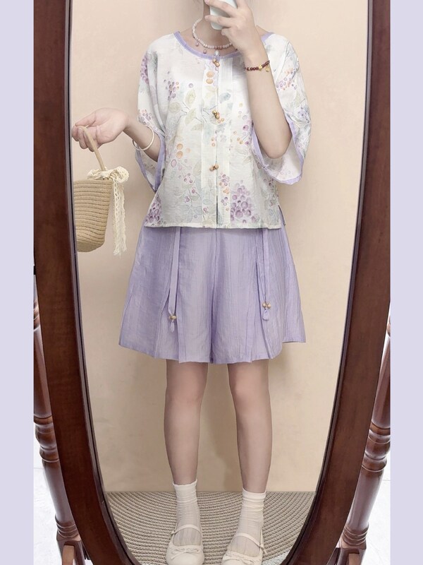 Floral Notes [Little Grape] Hanfu Women's Summer Round Neck Chinese Style Song Pants Han Element Daily Set Tencel Ramie