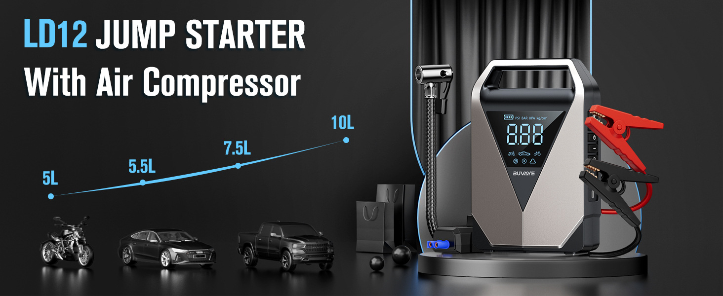 Jump Starter with Air Compressor Emergency Starting Power Supply and Air Pump All-In-One Power Bank