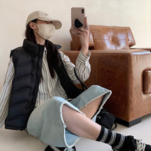 外贸新款条纹羽绒棉马甲女韩版宽松短款棉坎肩纯色马夹背心外套女