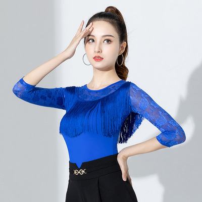 Royal blue lace Latin Ballroom dance tops for women girls red national standard modern waltz companionship jump dance practise tassel conjoined clothes