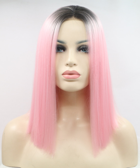 Cabello corto rosa, cabello recto, pelucina de fibra química de encaje frontal europea y americana LW0277