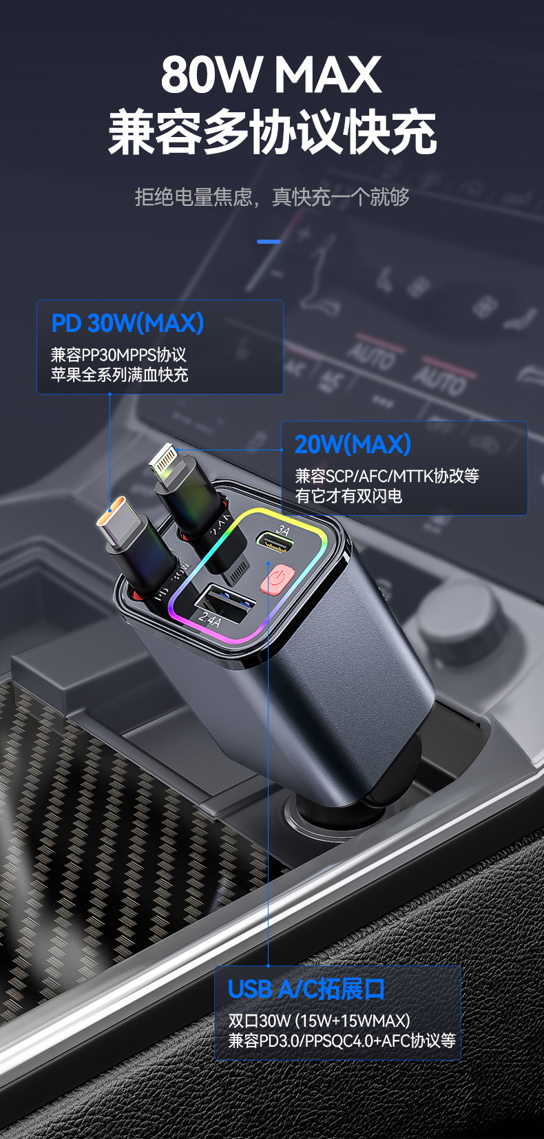 Colorful Atmosphere Star Light Retractable Four-in-One Car Charger PD30W