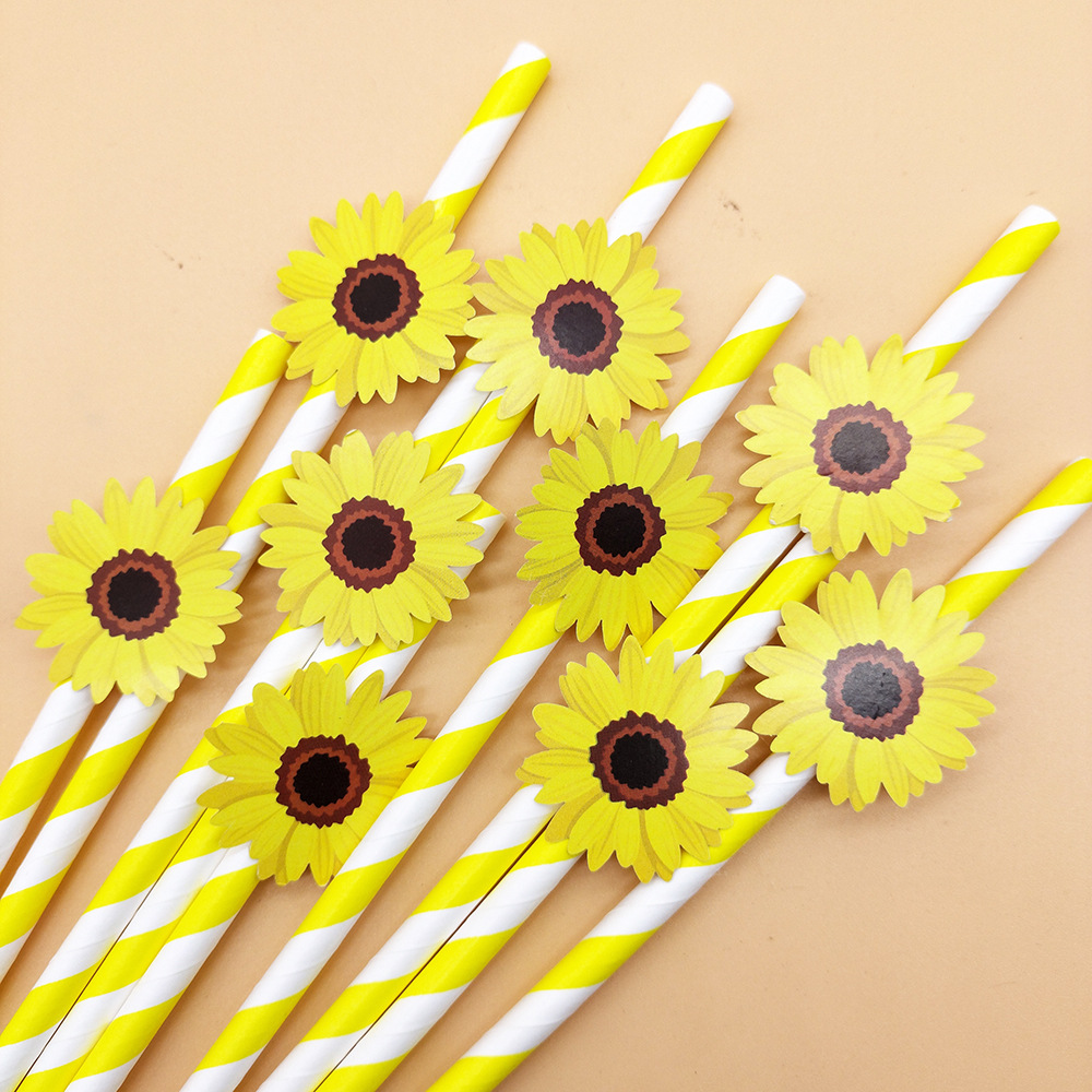 Paja de papel rojo neto girasol sol flor Tarjeta de paja desechable degradable postre fiesta decoración paja