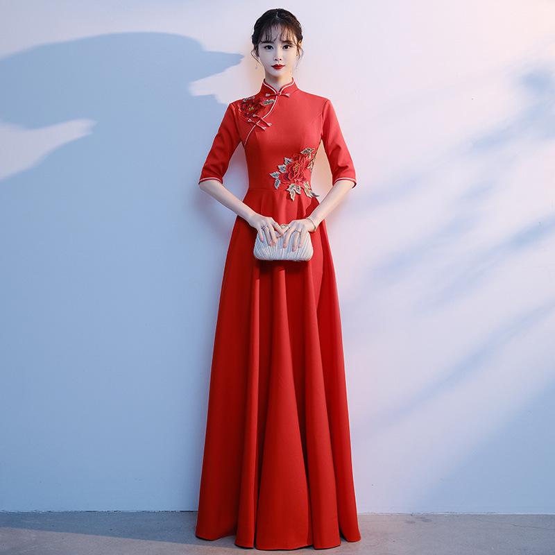 Red Song Chorus Costume Women's Long Dress Banquet Temperament Adult Poetry Recitation Conductor Costume Host Dress