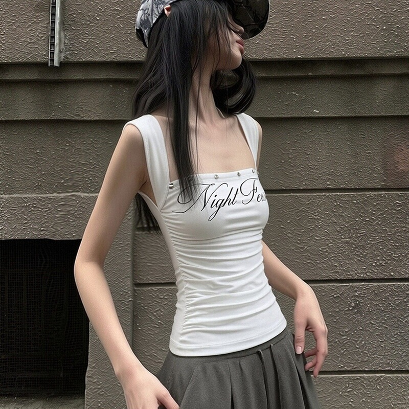 Trendy Off-Shoulder White Sleeveless T-Shirt Tank Top for Women, 2026 Summer New Niche American-Style Printed Tube Top