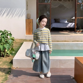 儿童韩版外套2026女童宝宝可爱条纹新款洋气百搭圆领开衫长袖上衣