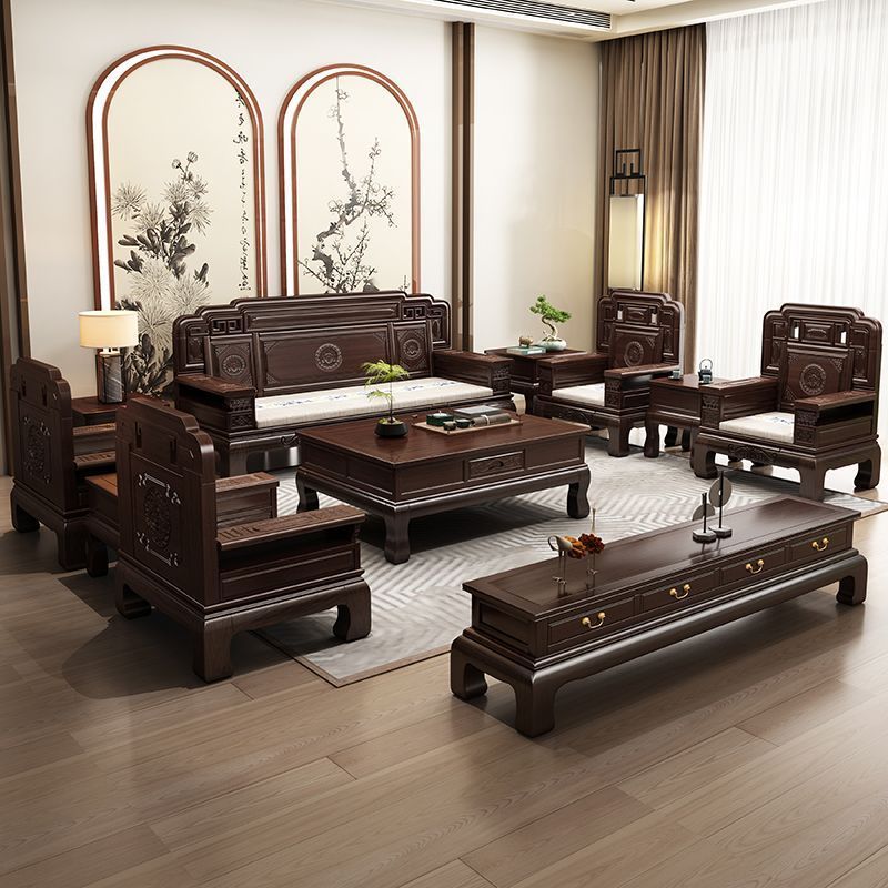新中式紫金檀木全实木沙发组合仿古雕花客厅别墅冬夏两用古典家具|undefined