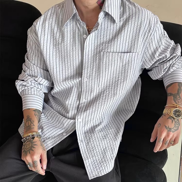 Spring and Autumn Striped Seersucker Shirt Jacket Casual Thin Men's Top Spring and Autumn Striped Long-Sleeved Shirt