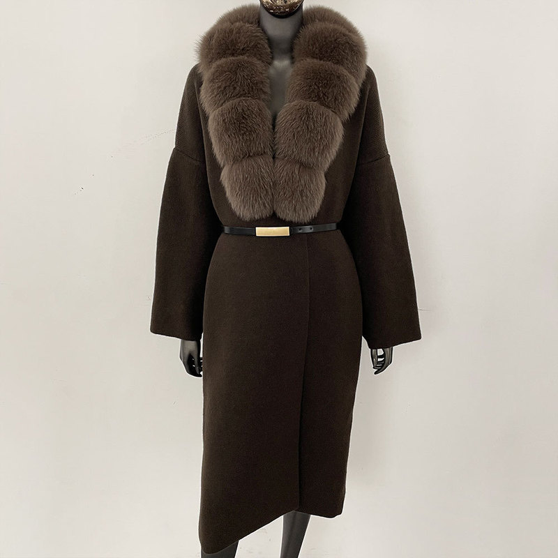 Thickened long fox fur collar European and American new lazy style fashion cardigan sweater coat women