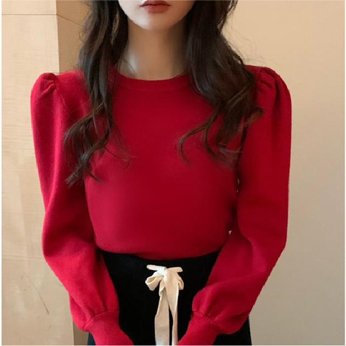 2023 puff sleeve knitted bottoming shirt women's autumn and winter design sense niche long sleeve sweater Western style inner wear slim top 2023 puff sleeve knitted bottoming shirt women's autumn and winter design sense niche long sleeve sweater Western style inner wear slim top