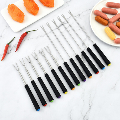 不锈钢伸缩热狗玉米叉食品叉烧烤用品塑料手柄烤针烤叉 现货|ms