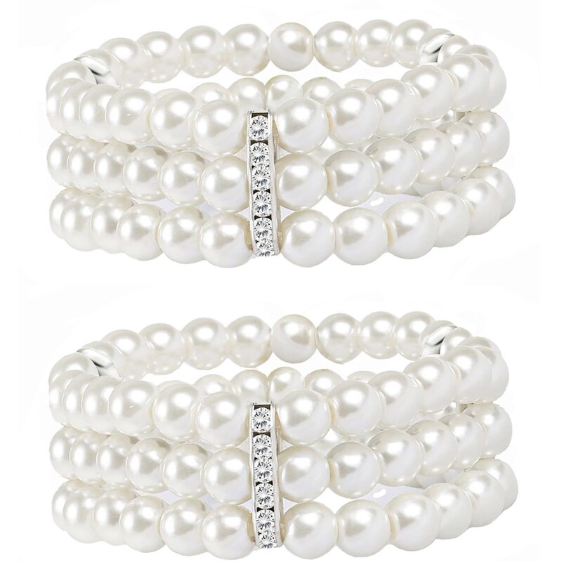 Women's Pearl Bracelet, White Pearls, Hand-Beaded, Diamond-Encrusted, Stacked Elastic Bracelet, Three-Layer White Pearl Bracelet