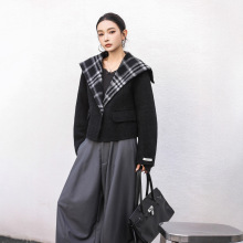 韩版撞色格子海军领双面羊绒大衣女秋冬新款洋气减龄毛呢外套短款