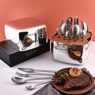 24-piece set of stainless steel tableware titanium purified silver gray western food knife fork spoon tea spoon with storage lucky box