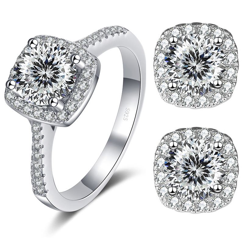 Transfronterizo 1 quilate de anillo de diamante de mosaico conjunto de pernos de orejas transfronterizos venta caliente rosa persiana joyas de piedra de mosaico