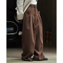 秋冬新款韩版时髦双褶设计阔腿西裤宽松廓形高腰显瘦休闲长裤女厚