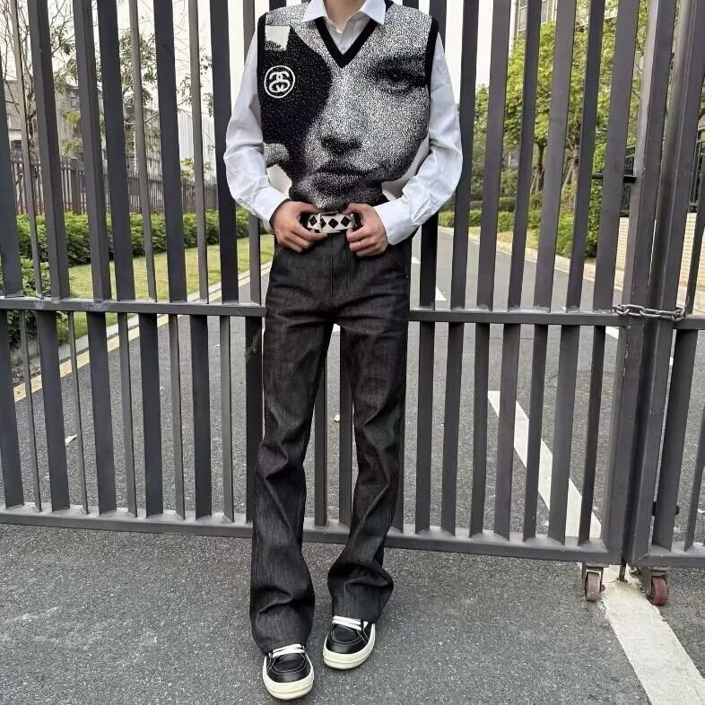 American High Street Vibe Style Retro Black Waxed Coated Street-Style Wide-Leg Flared Floor-Length Niche Jeans for Men